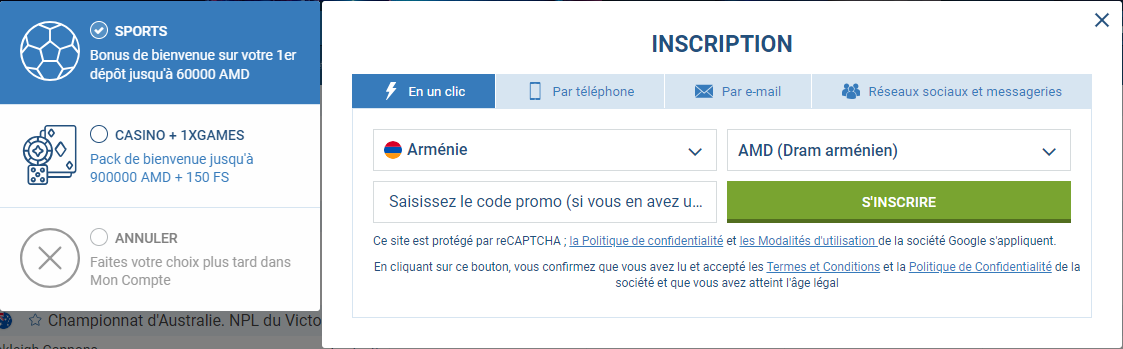 Inscription en un Clic sur 1X Casino FR