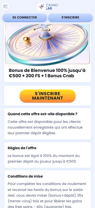 Casino Lab en Ligne Propose une Welcome Offer avec no Deposit Bonus en France