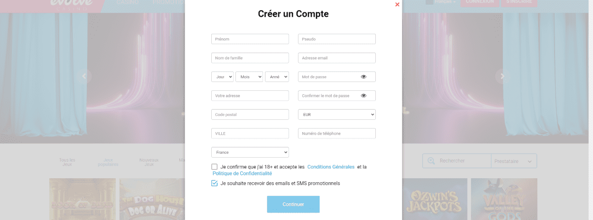 Informations sur S'inscrire Votre Compte et Login en CasinoEvolve France