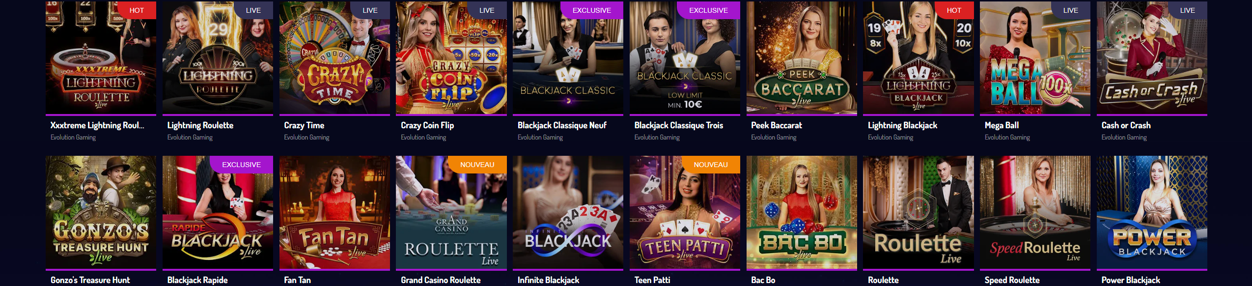 Revue Jeux en Direct proposés Lucky 8 Casino 