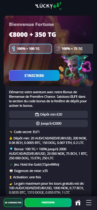 Bienvenue Fortune sur Casino Lucky-Elf Casino Lucky Elf en Ligne Offre de Top Bonus sans Dépôt