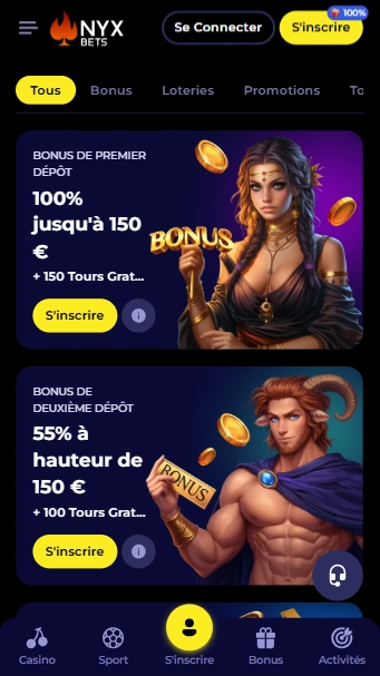 Bonus de Bienvenue au Casino Nyx Bets Réel Bonus de Premier et Deuxième Dépôt sur NyxBetsCasino Français
