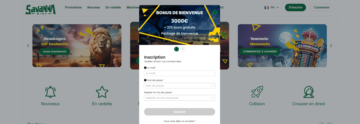 Enregistrer un Nouvel Utilisateur en Casino en Ligne Savanna Wins et Connexion à Mon Compte