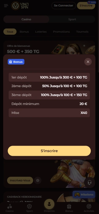 Vinci-Spin Casino en Ligne Presente Code Bonus et Code Promo pour Jouer